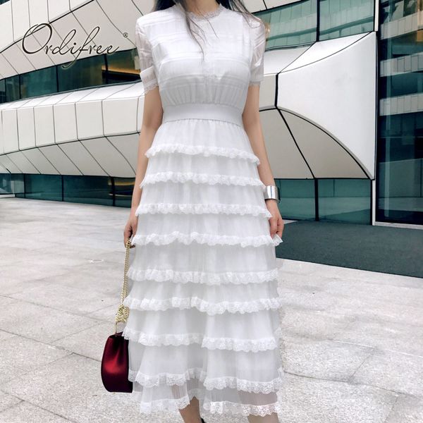 

summer women white lace beach vintage cake dress sundress 210415, Black;gray