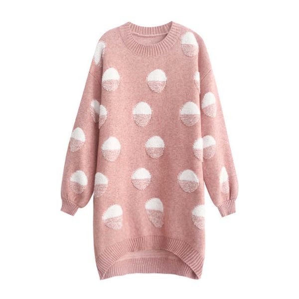 

perhaps u autumn winter knitted mini dress loose pink long sleeve sweater patchwork dot o neck d0848 210529, Black;gray