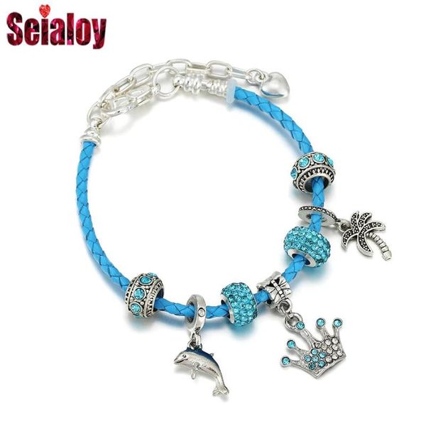 

charm bracelets seialoy bohemia blue dolphin crown pendant leather for women men lobster clasp ocean bracelet jewelry girlfriend gifts, Golden;silver
