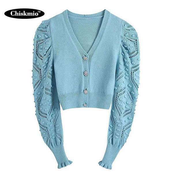 

women's knits & tees knitted v-neck jewelry buttons cardigan women clothing hollow out long-sleeve sweater ladies clothes loose casual, White