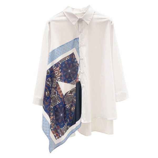 

women's printing irregular stitching shirts half sleeve niche design sense contrast color retro blouse woman blouses &, White