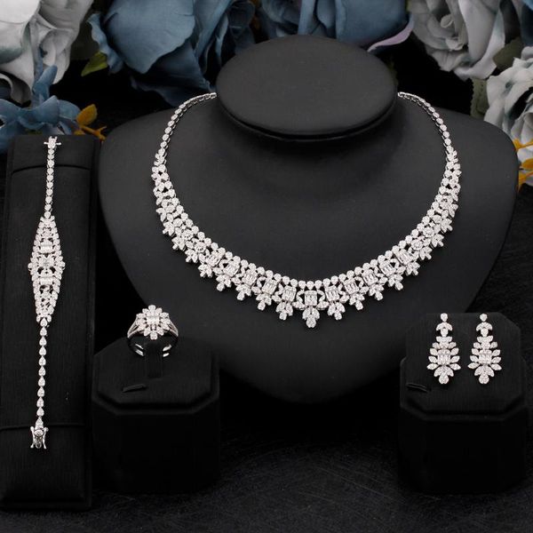 

earrings & necklace luxury full jewelry set with cubic zirconia for saudi arabic dubai women bridal wedding dresses engagement accessories, Silver