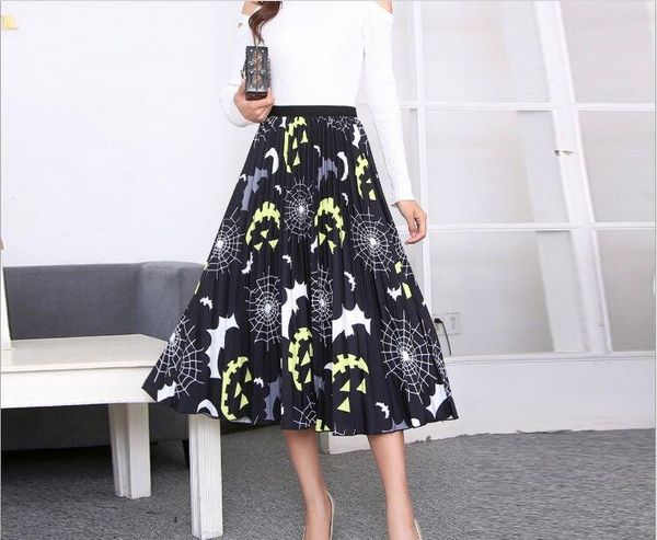 

skirts women printing skirt elastic band, Black