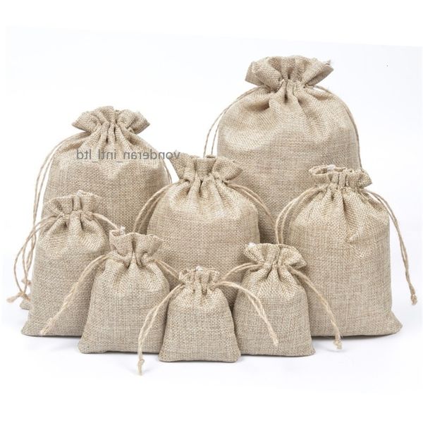 

double layer high quanlity natural linen drawstring bags jewelry pouch jute burlap package gift hessian wedding favor, Pink;blue