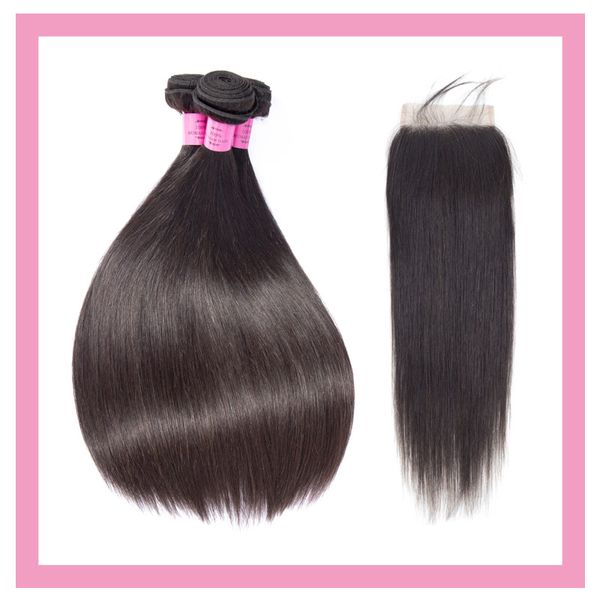 

peruvian virgin human hair extensions 5*5 lace closure with baby hair straight natural color 10-28inch 4pcs, Black;brown
