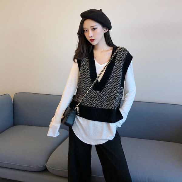 

knitted vest autumn korean womens sweaters style vintage stylish color patchwork v neck sleeveless pullover tank t395, White;black