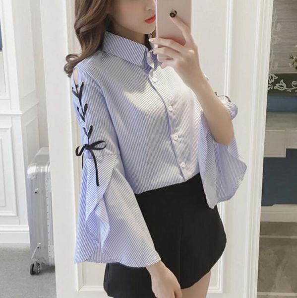 

women's blouses & shirts spring ladies shirt korean loose female long trumpet sleeves bow youth girl bluas caluas, White