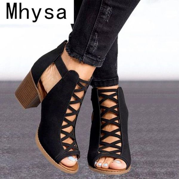 

sandals 2021 summer women's fashion square heel open toe hollow thick large size wild strap casual women, Black