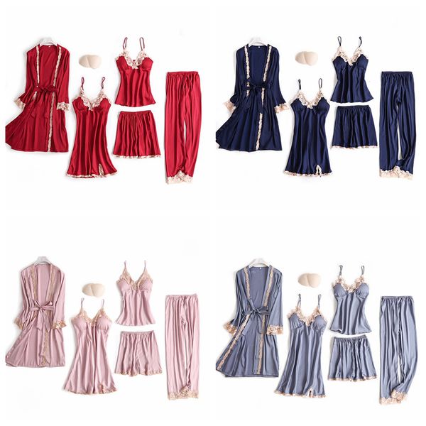 

2021julys song 5 pieces pajamas set lace satin silk sleepwear women summer spring fashion pajamas for women robe sleep lounge, Black;red