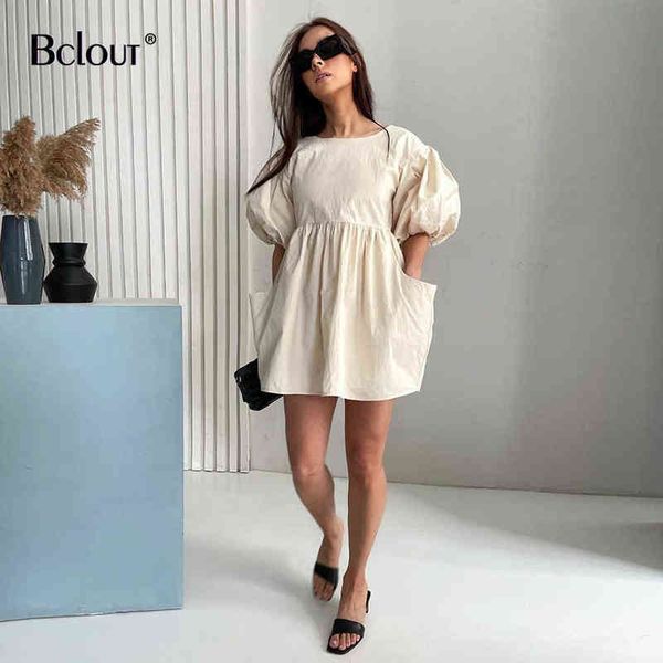 

bclout lantern sleeve double pockets cotton dress high waist chic backless dress women beige o-neck party female mini dress y220214, Black;gray