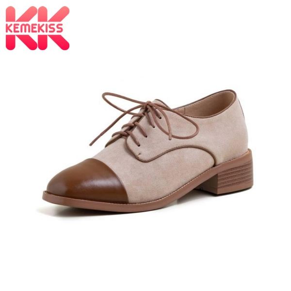 

dress shoes kemekiss women pumps mixed color fashion patchwork lace up square toe thick heels genuine leather size 34-40, Black