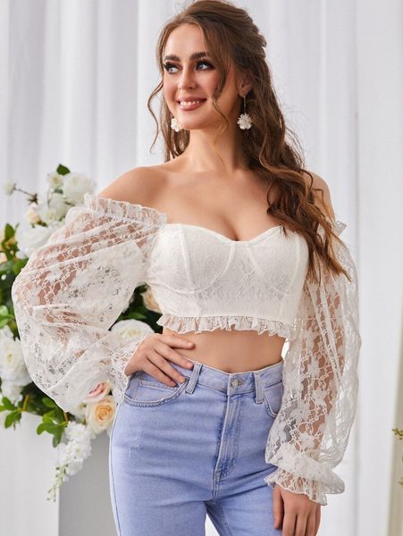 

sbetro off shoulder flounce sleeve frilled bustier lace b3fo#, White