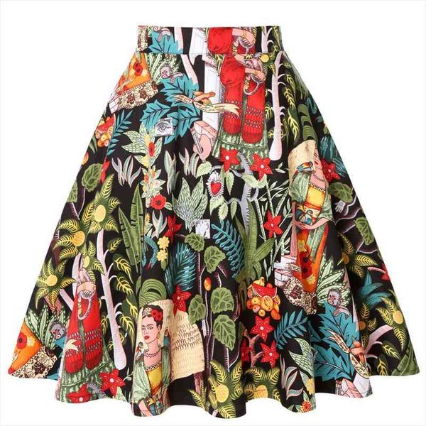 

cotton black skirts vintage 50s 60s flower printed summer skirt women high waist audrey hepburn a line swing skirts