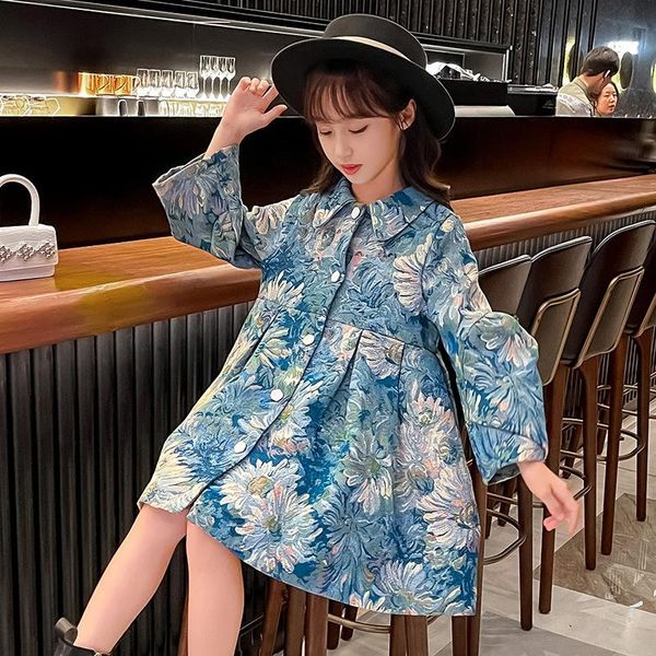 

girl's dresses spring autumn teenage oil painting style princess outerwear baby kids casual lapel dress girls fashion flower printing, Red;yellow