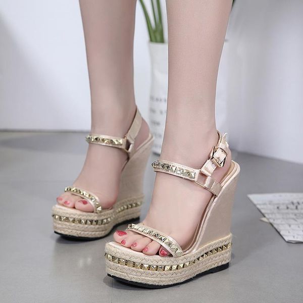 

comfort rivet wedge sandals summer casual shoes woman platform wedges high heels pumps sandalias pom lja441-1, Black