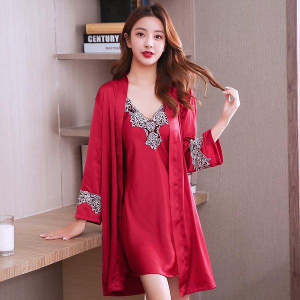 

satin nightwear bridal wedding gown 2pcs nighty&robe suit female kimono robe casual intimate lingerie sleep set homewear women's sleepw, Black;red