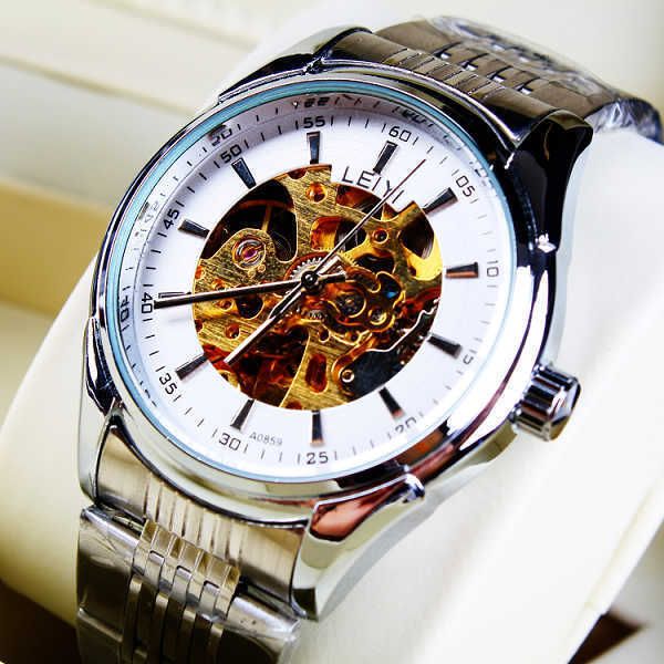 

fashion new simple personality hollow out movement fully automatic mechanical watch men's business watch, Slivery;brown