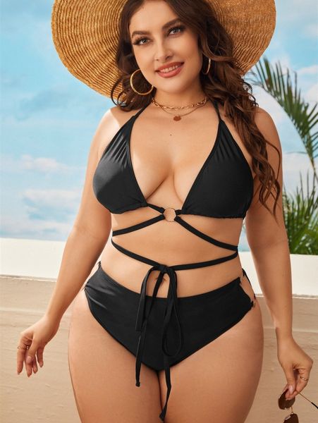 

plus lace up halter bikini swimsuit u9he#, Black