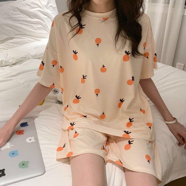 

women's t-shirt korean style loose cute cartoon casual short-sleeved shorts home service two-piece suit, White