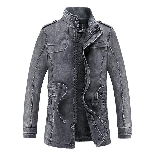 

men's fur & faux leather jacket men fashion style stand collar waist belt washed long pu coats trench male motorcycle windbreaker 329, Black