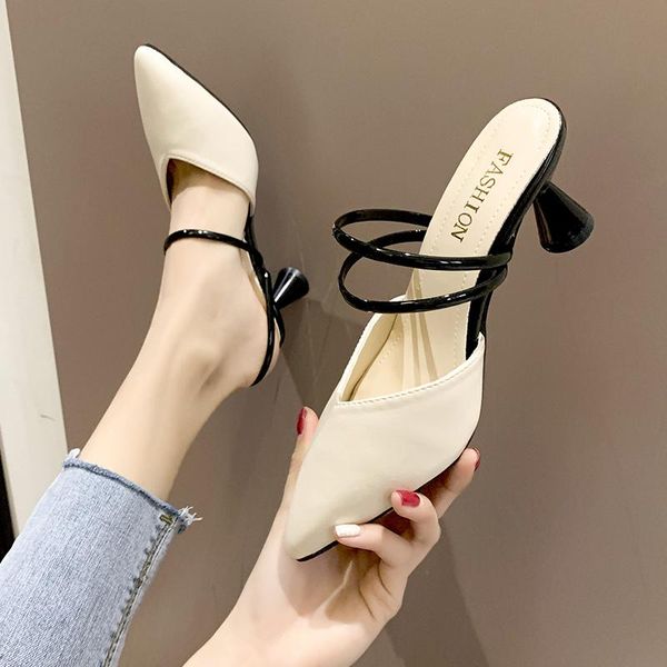 

dress shoes 2021 summer sandals party knitted upper high heel slipper women's mules ladies pointed toe chunky black