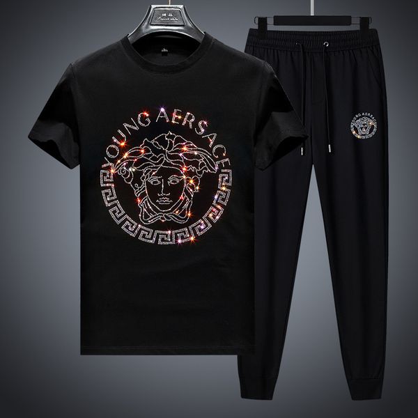 

fashion men's tracksuits 2021 summer trend drill short sleeve suit casual t-shirt pure cotton pants brand two piece set, Gray