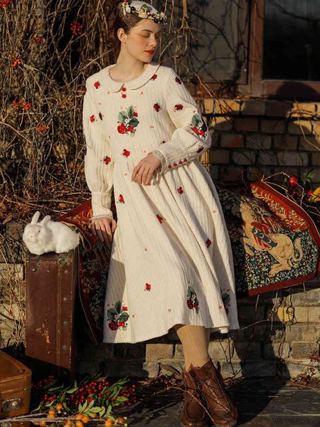 

casual dresses original design spring autumn winter women vintage elegant sweet strawberry embroidery 100%cotton knitted dress a26w, Black;gray