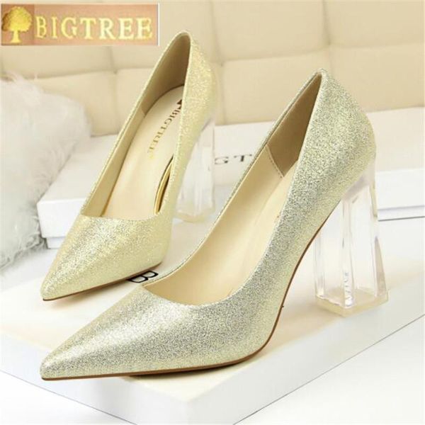 

dress shoes 2021 women block 10cm high heels lady scarpins green satin pumps female wedding gold blue silk transparent plus size 43, Black