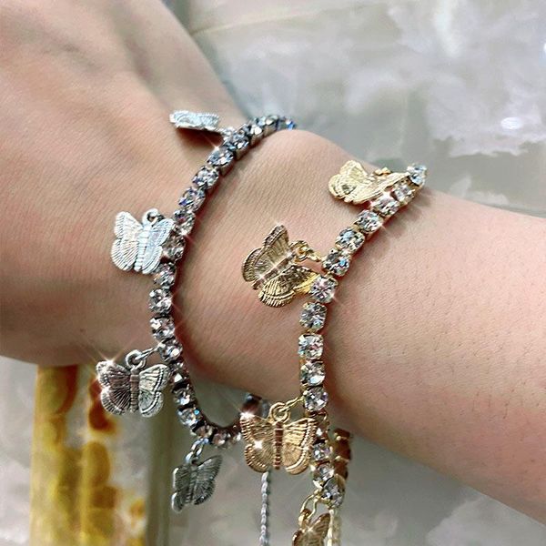 

golden metal butterfly tennis chain bracelets for women trendy shiny crystal ankle bracelet 2021 boho female jewelry gifts charm, Golden;silver
