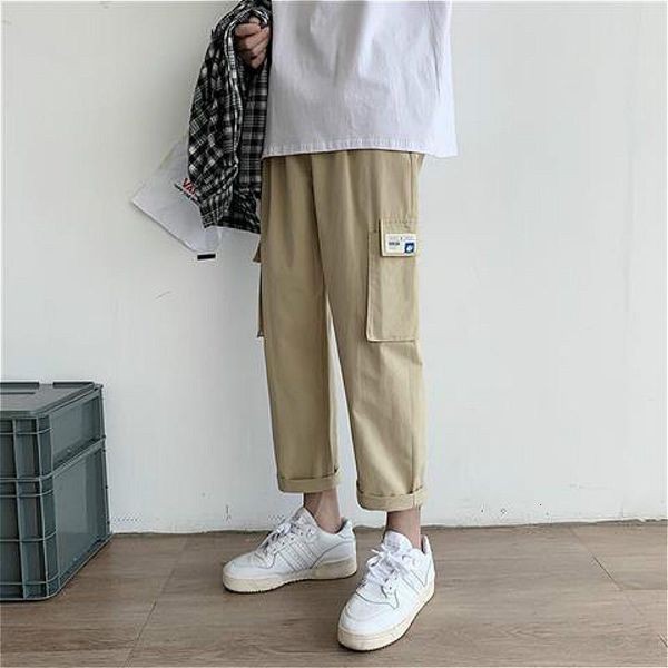 

men's pants men casual solid various color straight ankle-length elastic waist fashion simple loose streetwear all-match korean style j, Black