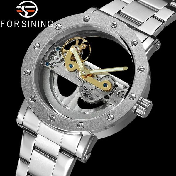 

wristwatches forsining automatic mechanical men wristwatch military business male clock transparent skeleton man watch 9418, Slivery;brown