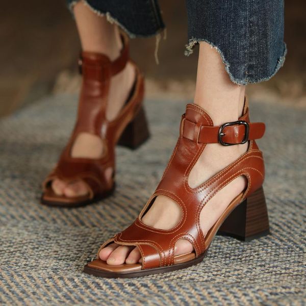 

fashion women genuine leather sandals high heel ladies summer shoes chunky heels girls roman style sandalias brown/khaki dress, Black