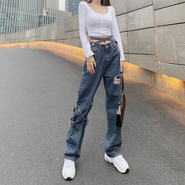 

women's jeans autumn winter fashion women harajuku hollow out cross straps loose high waist streetwear quality strgight pants, Blue
