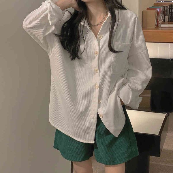 

colorfaith new women spring autumn blouse shirts oversized elegant corduroy solid korean style office lady wild bl9416 210413, White