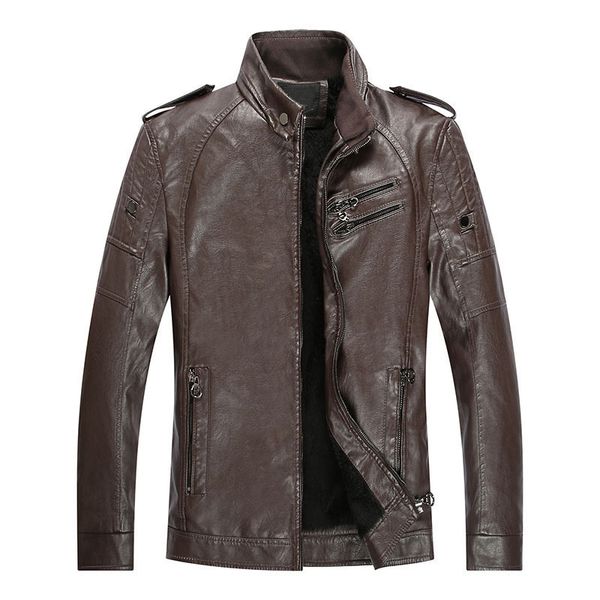 

Fashion Leather Men's Autumn and Winter Plush Solid Color Motorcycle Pu Coat, Black