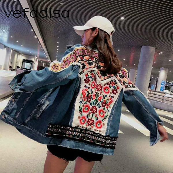 

women's jackets vefadisa women embroidery floral patchwork denim jacket 2108 tassel hole coat vintage overcoat dq319, Black;brown