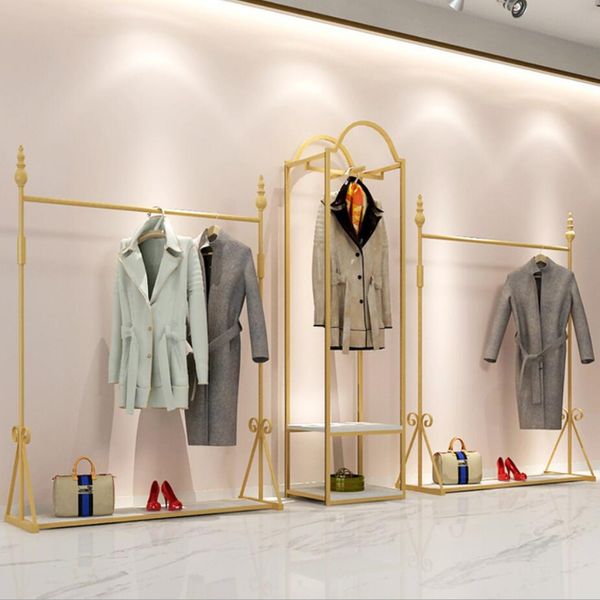 

clothing rack commercial furniture simple men's and women's store cloth display racks window gold iron floor clothes shelf can be