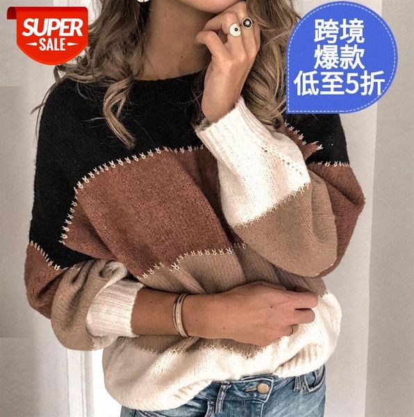 

sweater multicolor knit casual contrast color round neck loose women #jf58, Black;gray