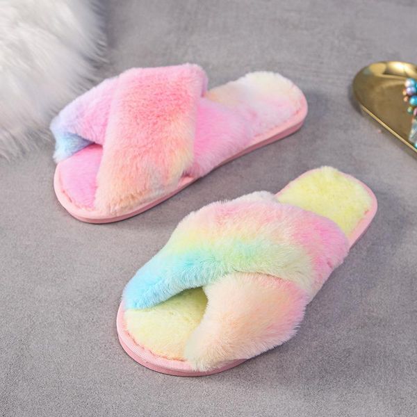 

slippers cross plush rainbow cotton autumn and winter fur faux fashion warm shoes woman slip on flats, Black