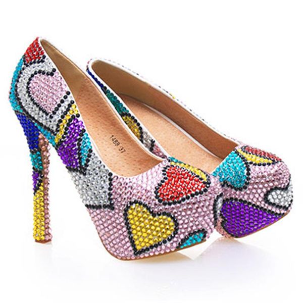 

pumps women wedding crystal shoes patchwork hearts bridal high heels colorful evening party ladies plus size 43 dress, Black