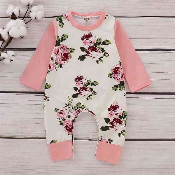 Primavera e verão fresco Floral de manga longa macacão em rosa para bebé uma peças saltatos roupas 210528