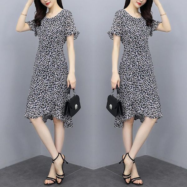 

women's jeans 2021 summer large stem orange french skirt fairy super floral dress medium long chiffon, Blue