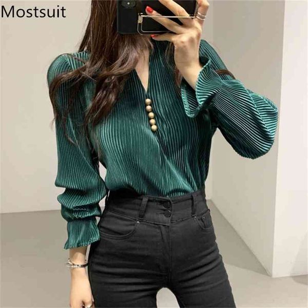 

korean vintage v-neck buttons blouses shirts women flare sleeve folded elegant office female blusas mujer 210513, White