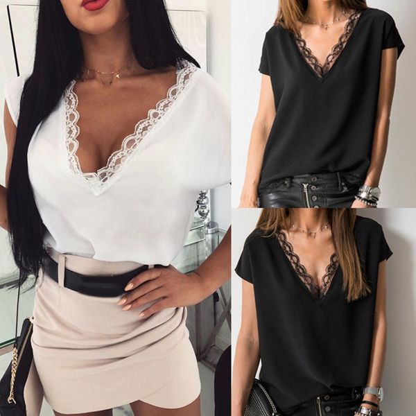 

summer solid color womens t shirt lace v neck short sleeve clothings, White