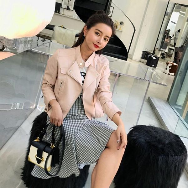 

women's leather & faux women spring autumn pu white short coat motorcycle jacket casual slim fit coats outwear, Black