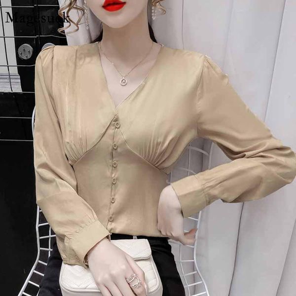 

french elegant pleated v-neck long sleeve satin blouse women spring waist buttons splicing corset slim solid shirts 12263 women's blou, White