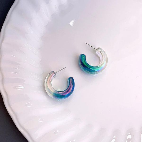 

hoop & huggie lovoacc korean fashion rainbow gradient color blue earring for women resin arcylic c shape jewellery pendientes, Golden;silver