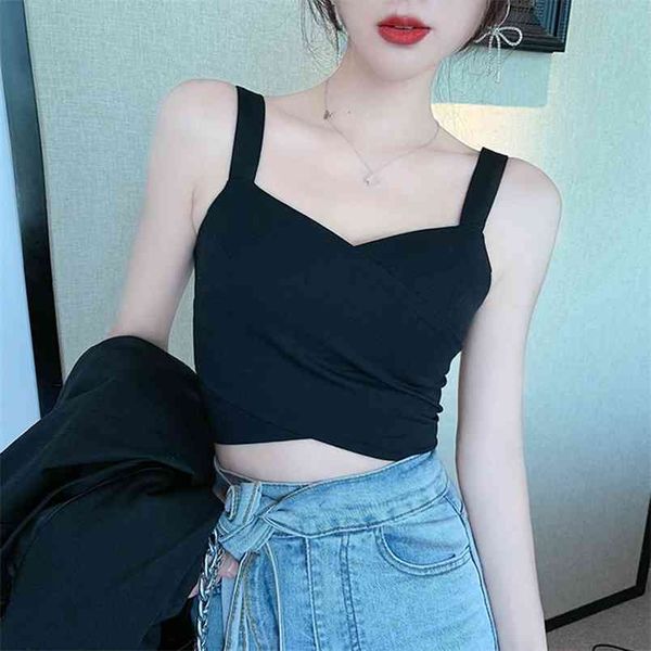 

wwenn summer casual v-neck back zipper shirts cross crop femme sleeveless high elasticity slim tank women clothes 210507, White