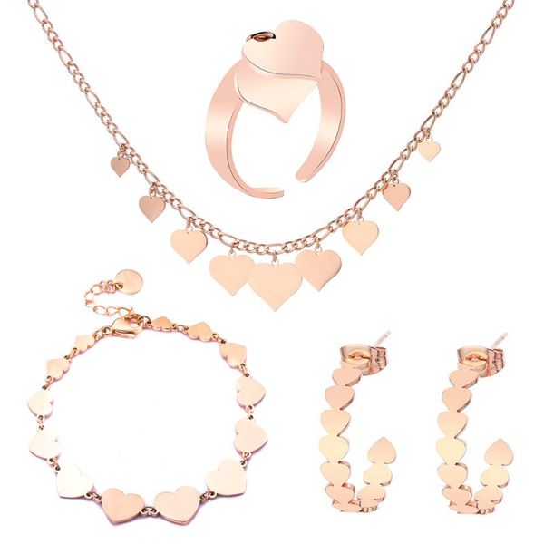 

earrings & necklace luxury women accessories multi heart jewelry set rose gold color stainless steel earring ring bracelet 2021 style, Silver