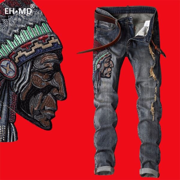 

fashion jeans ehmd indian avatar embroidered men scratch long cracks high street pants soft red ears blue grey slim 2021 western style